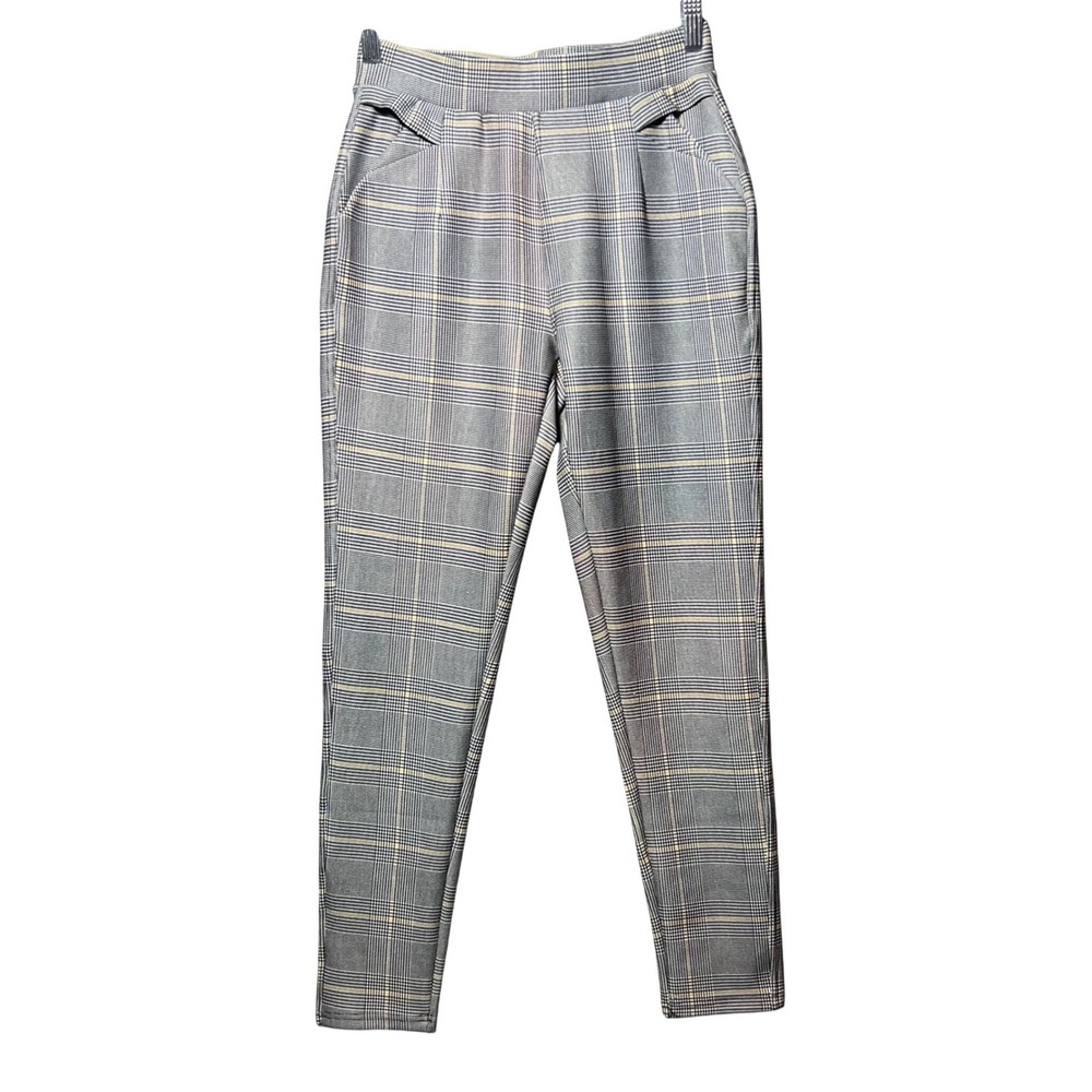 Indero Grey Glen Plaid High Waisted Pull On Trousers Dress Pants S M Tapered